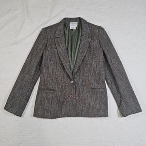 Vintage Diane Von Furstenberg Brown Green Lamb Wool Blend Tweed Blazer